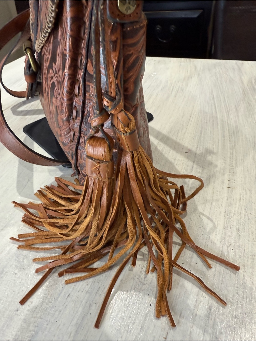 Patricia Nash Chestnut Tooled Leather Crossbody with Tassel - Picture 4 of 13